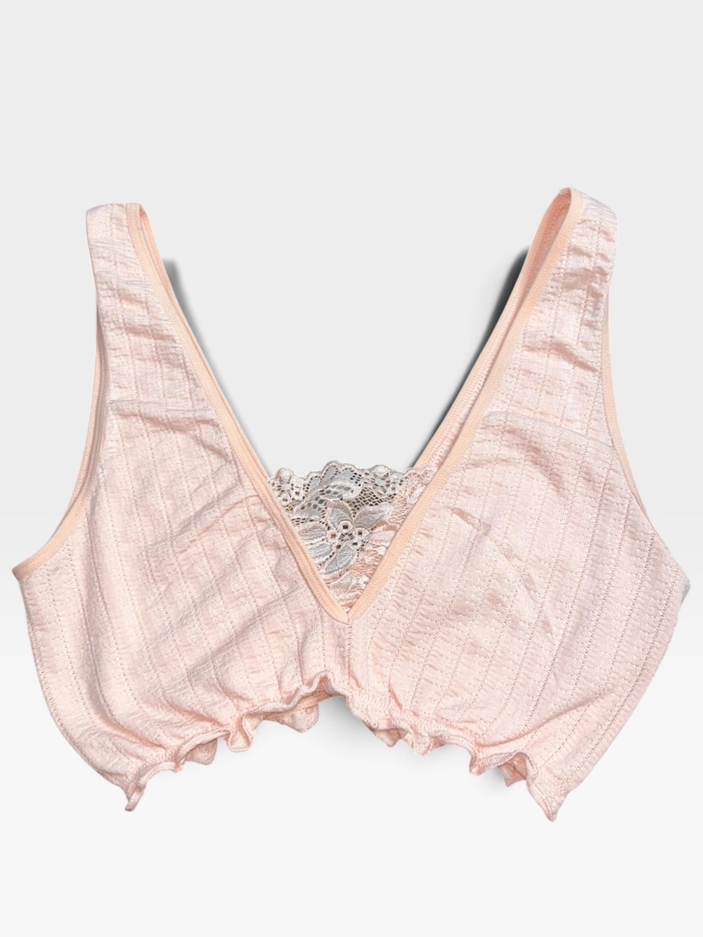 Anthropologie Coquette Pastel Pink Ribbed Lace Inset Ruffle Bra Top Size S/M